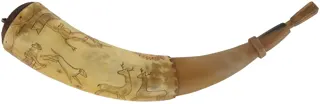 Powder Horn,
13-1/4", scrimshaw hunting scene,
British Coat of Arms, iron staple